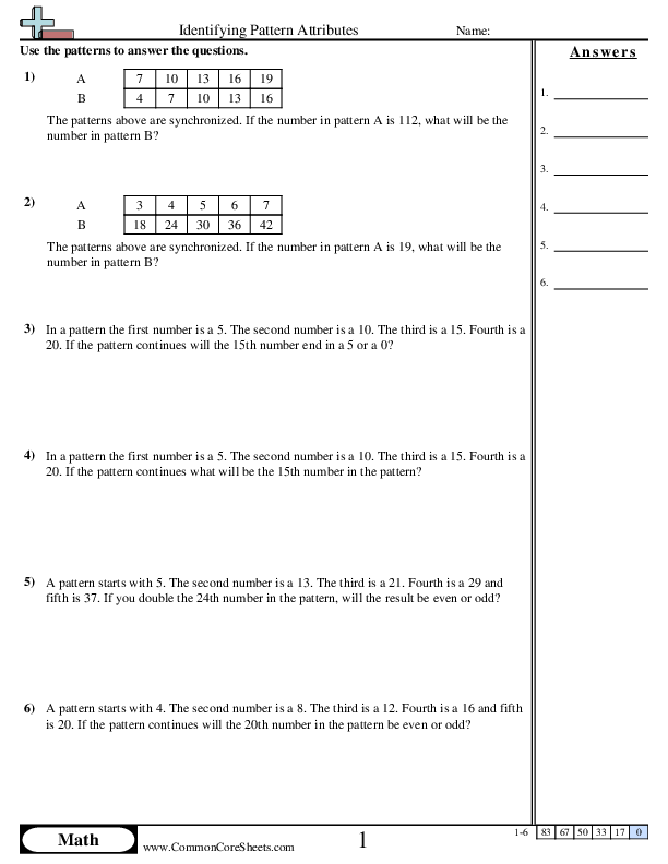 4.oa.5 Worksheets - Identifying Pattern Attributes worksheet